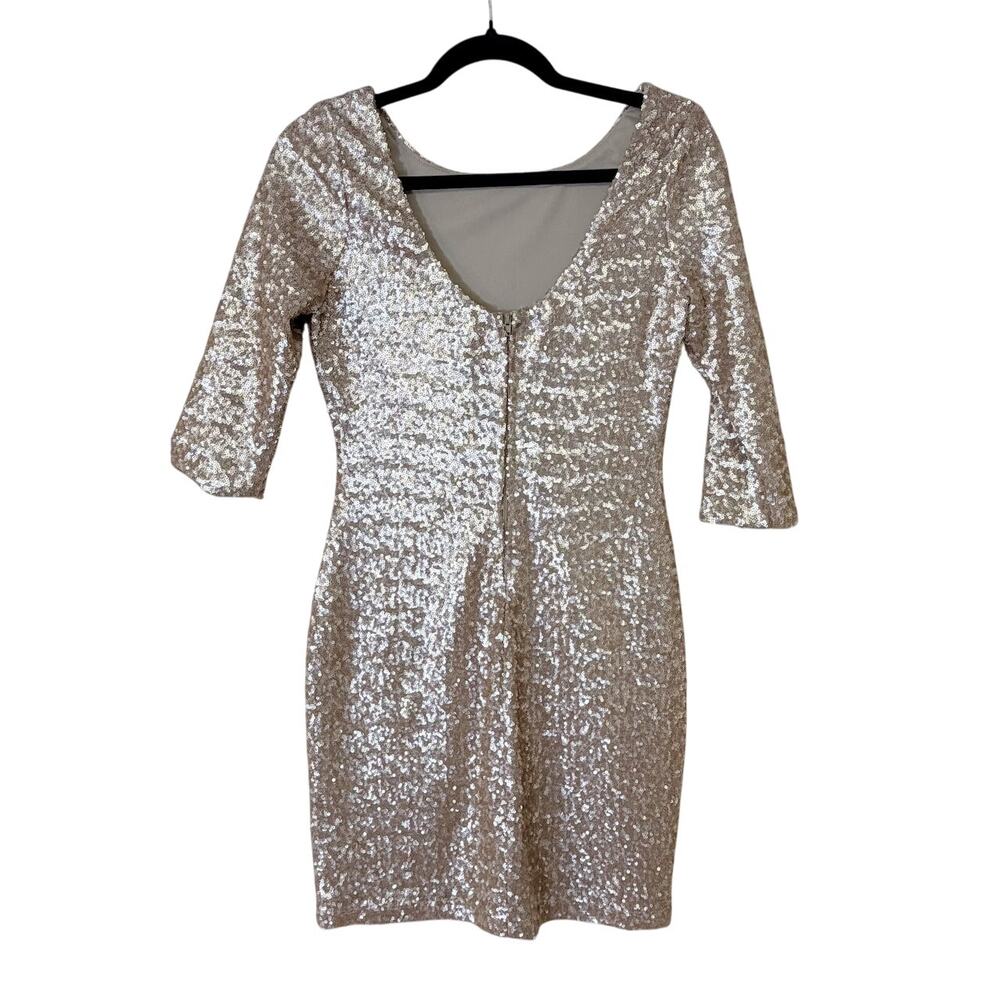 Sexy Gold Sequin 3/4 Sleeve Mini Dress SM Party Holiday NYE Cocktail Coquette - Picture 3 of 8